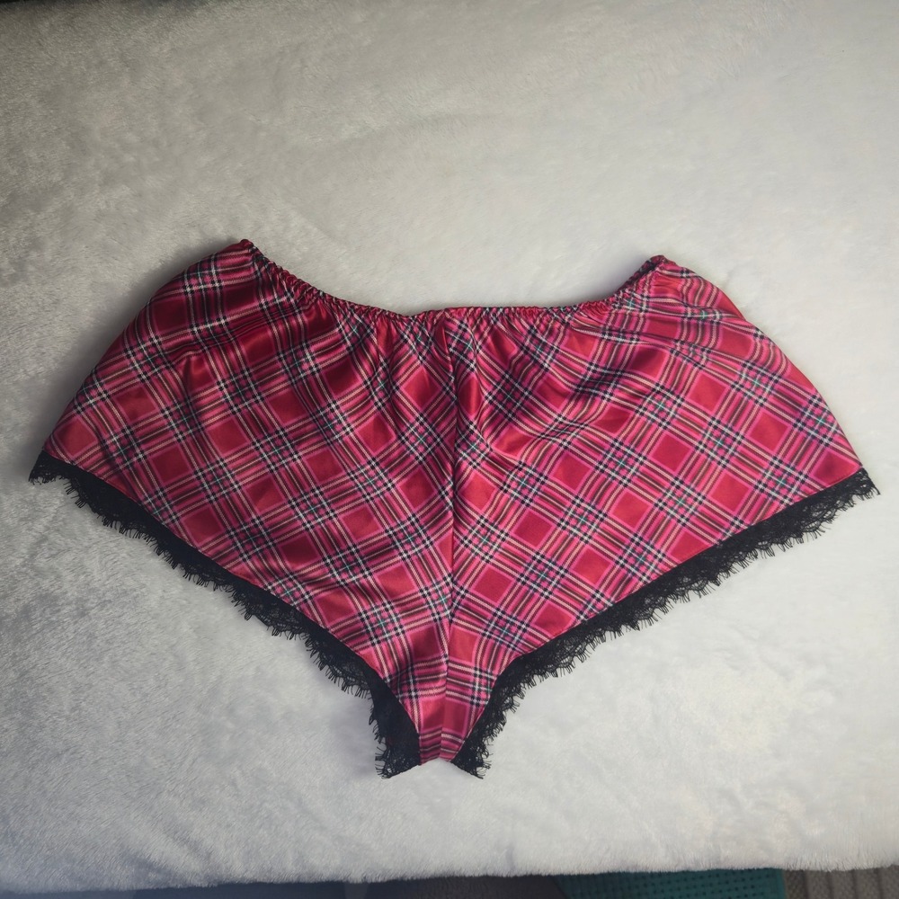 Red Plaid Satin Pajama Shorts with Black Eyelash Lace Trim Sleepwear Loungewear - Picture 5 of 5